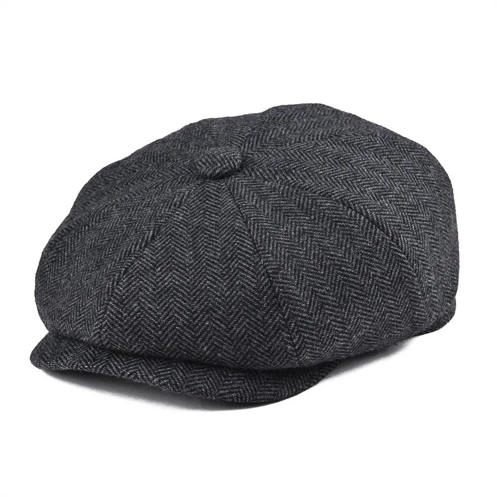 

BOTVELA Tweed Wool 8 piece Black Herringbone Newsboy Cap Men Classic 8-Quarter Panel Style Flat Caps Women Beret Hat 005