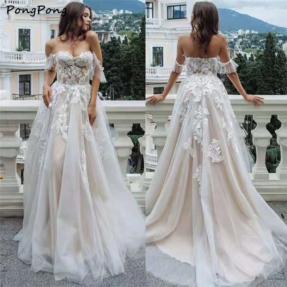 

Sexy Sweetheart A Line Wedding Dresses Off Shoulder Champagne Liner Tulle Appliques Sleeveless Bridal Gowns Womens Formal 2021