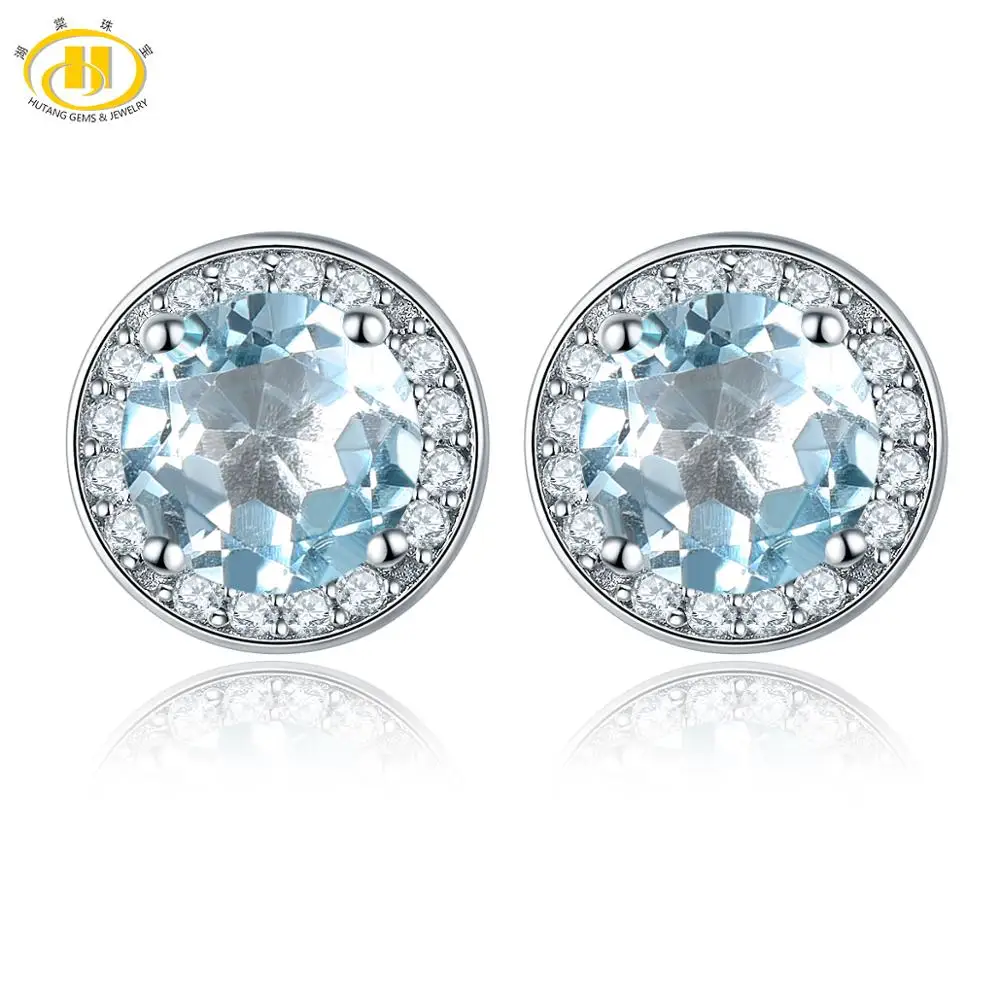 Blue Topaz Hutang круглые серьги 2.16ct натуральный драгоценный камень родолит гранат Твердые 925 пробы серебряные ювелирные изделия для женщин подарок - Цвет камня: Blue Topaz