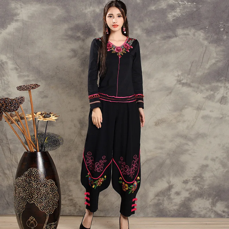 Женские китайские традиционные штаны-шаровары с вышивкой 2020 черные широкие