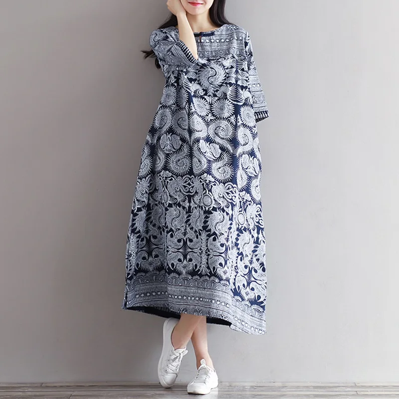 Китайское платье Ципао современное хлопковое льняное с цветочным принтом