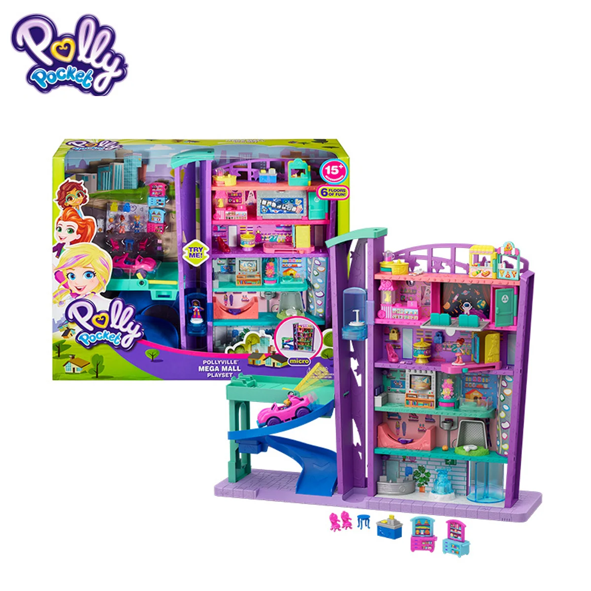 

Polly Pocket Pollyville Mega Mall Super Pack with 6 Floors Vehicle Elevator&Micro Mini Dolls Building for Kids Toys Gift GFP89