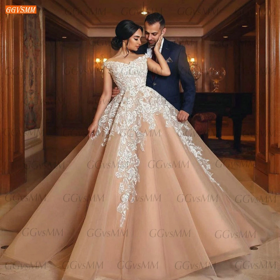 

Dubai Champagne Evening Dresses Long Ivory Lace Up Appliqued Organza Ball Gown Women Dress Party Custom Made 2020 Robe De Soiree