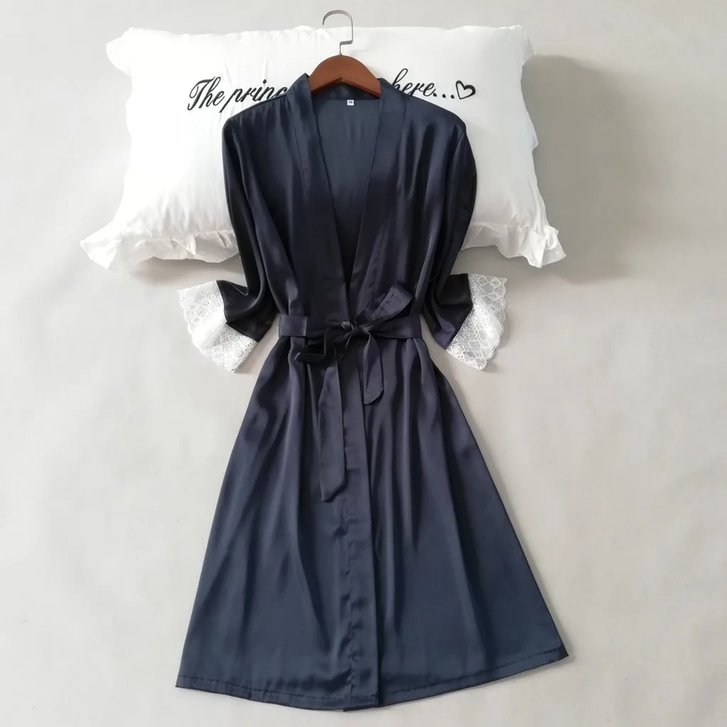 

Dark Pink Robe Lace Satin Patchwork Kimono Gown Summer Women Sleepwear Casual Bathrobe Gown Full Slip Nightgown Home Wear