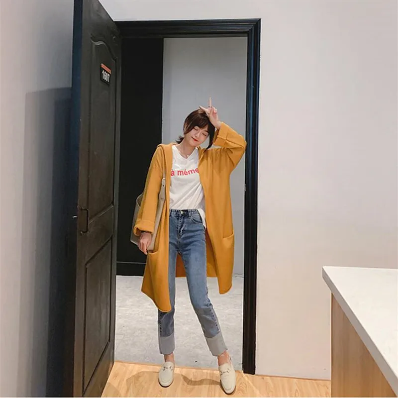 2019 женский свитер с капюшоном осенний и зимний однотонный вязаный кардиган