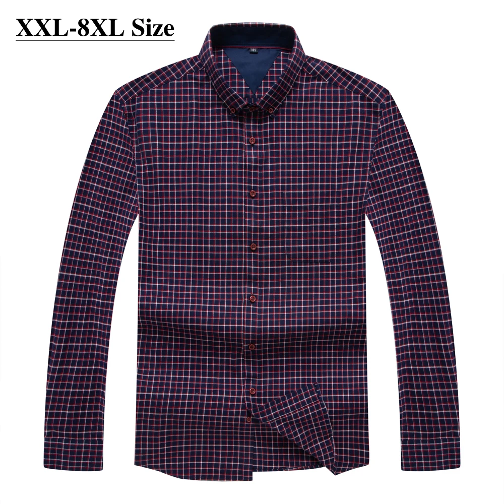 

Plus Size 5XL 6XL 7XL 8XL Brand Fat Mens Shirt High Quality 100% Cotton Classic Lattice Loose Business Casual Long-sleeved Shirt