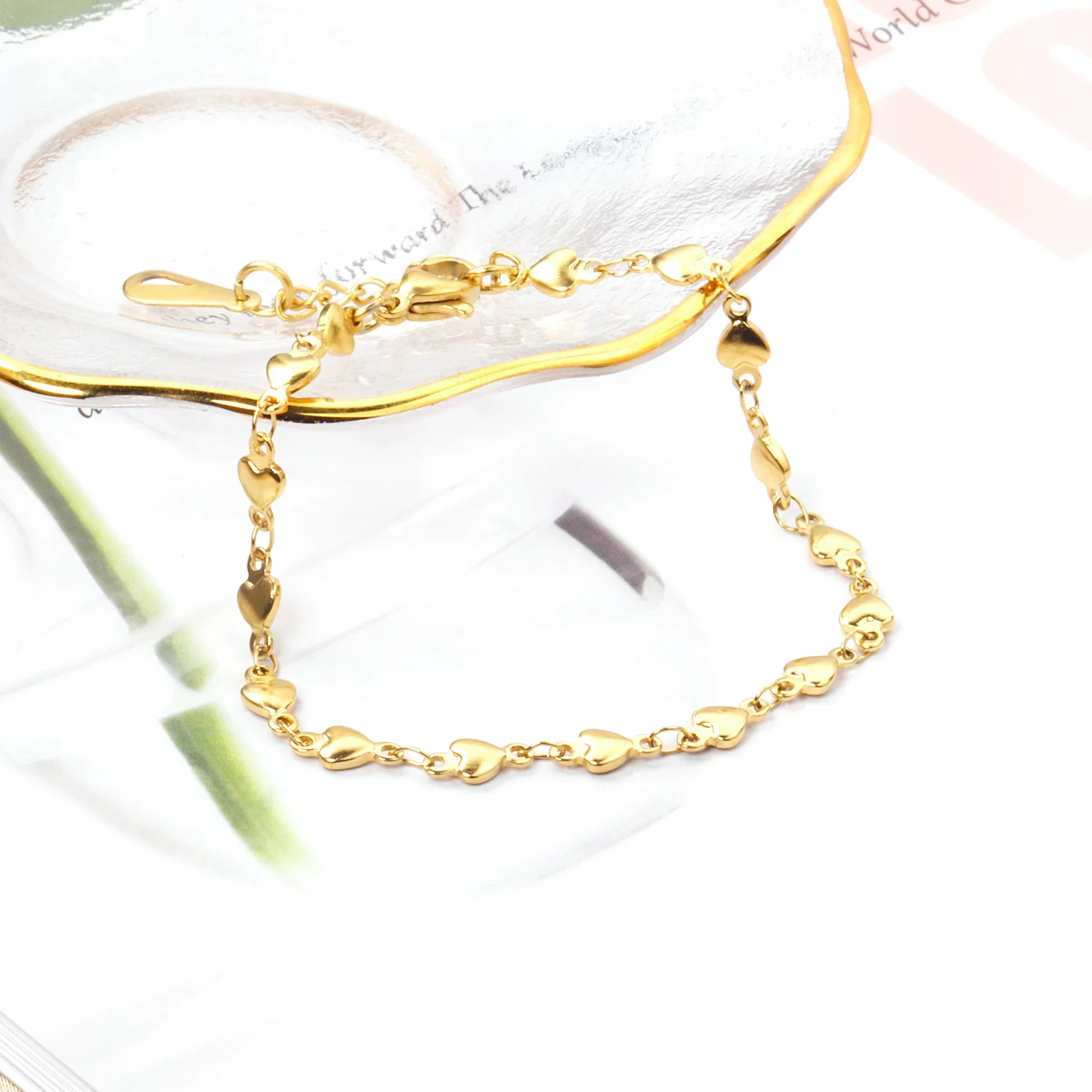 Асонстальная цепочка с сердечками браслеты золотого цвета из нержавеющей стали