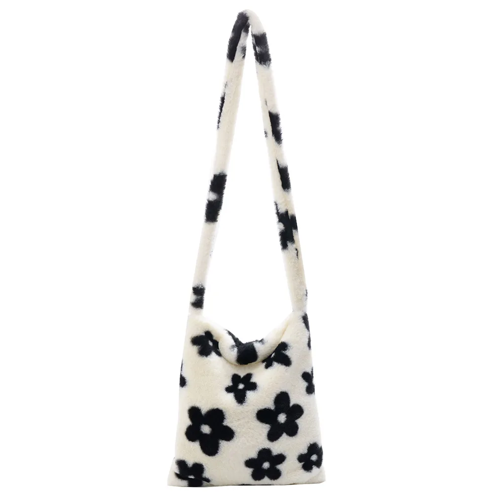 

2021 INS Fashion Women Flower Print Crossbody Bags Female Soft Plush Shoulder Bags Winter Warm Furry Fluffy Tote Bags