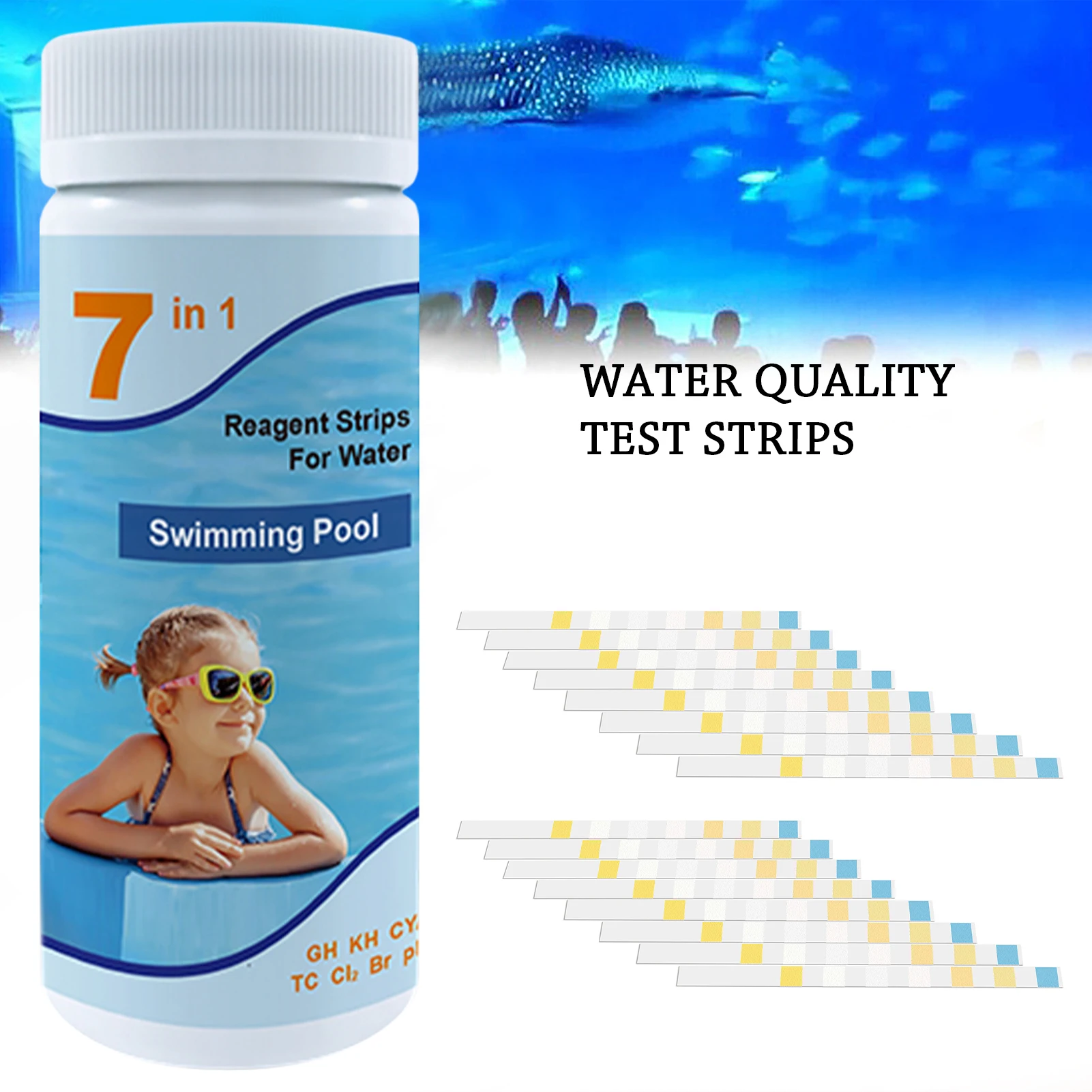 

50PC Swimming pool water quality test paper 7 in 1 hardness/alkali/chlorine/cyanuric/acid/residual chlorine/PH value test paper