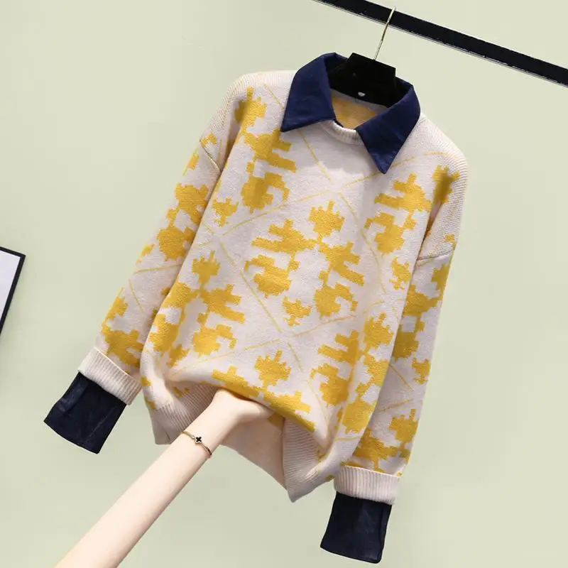 

Patchwork Sweater 2021 New Autumn Winter Fashion Knitted Jumpers Fake Two Pieces Pullover Knitwear Y315