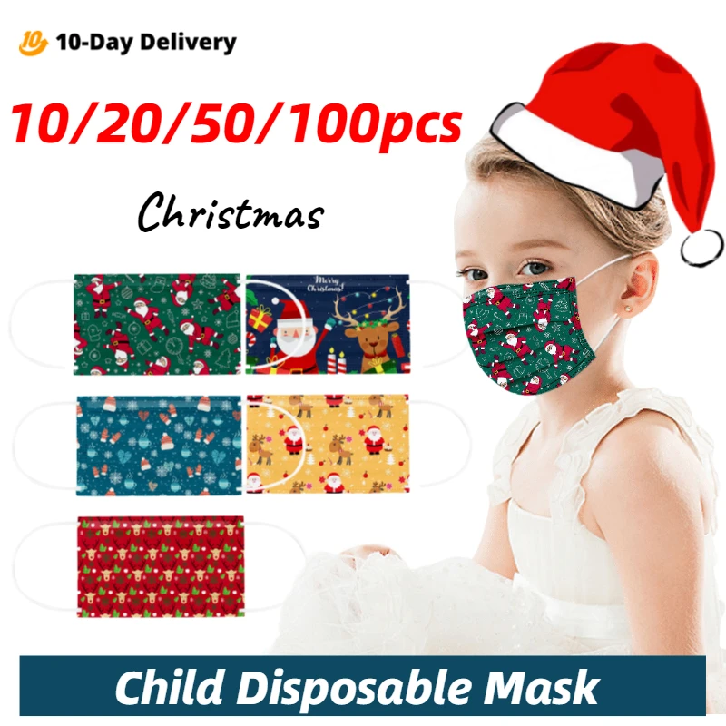 10/100 шт. Рождественская маска одноразовая для лица детей 3 х слойные дышащая