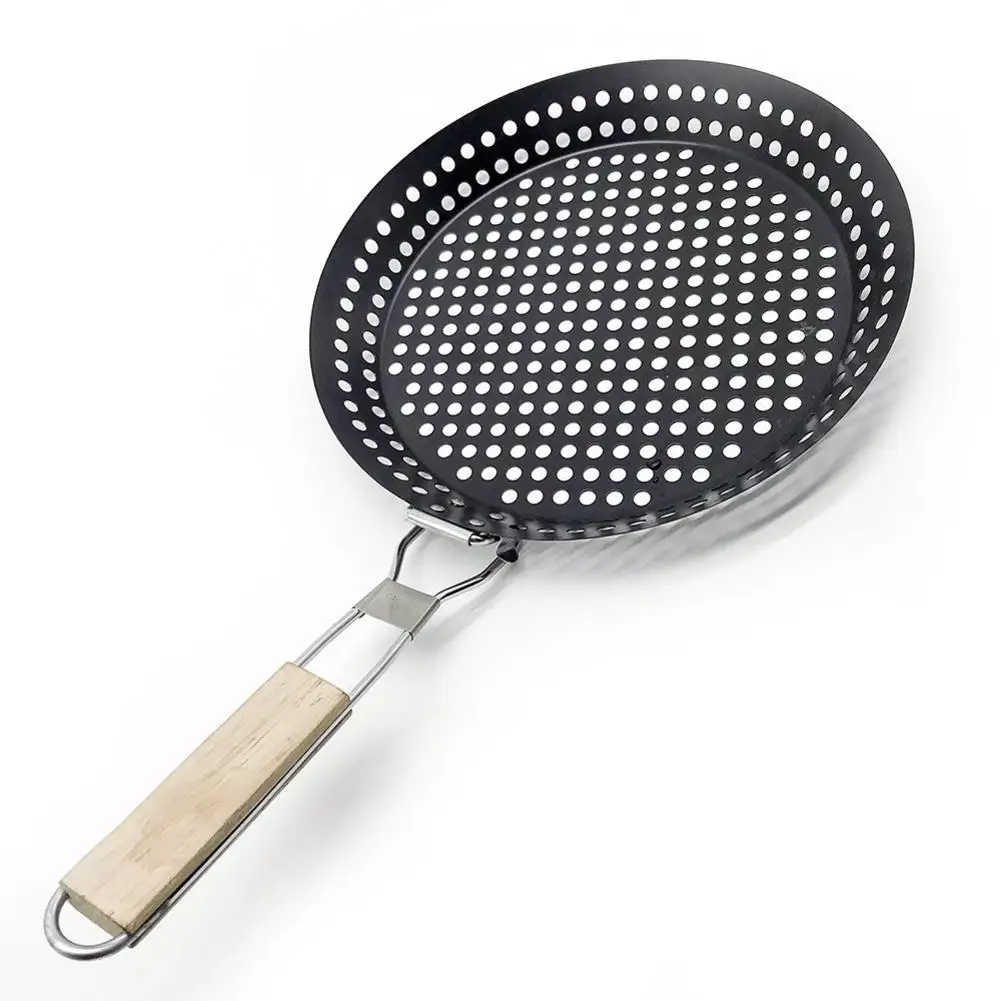 

High-Quality Foldable Premium Stainless Steel Small Round Grill Basket With Large Holes Grill Tray Plate Kithen Tools