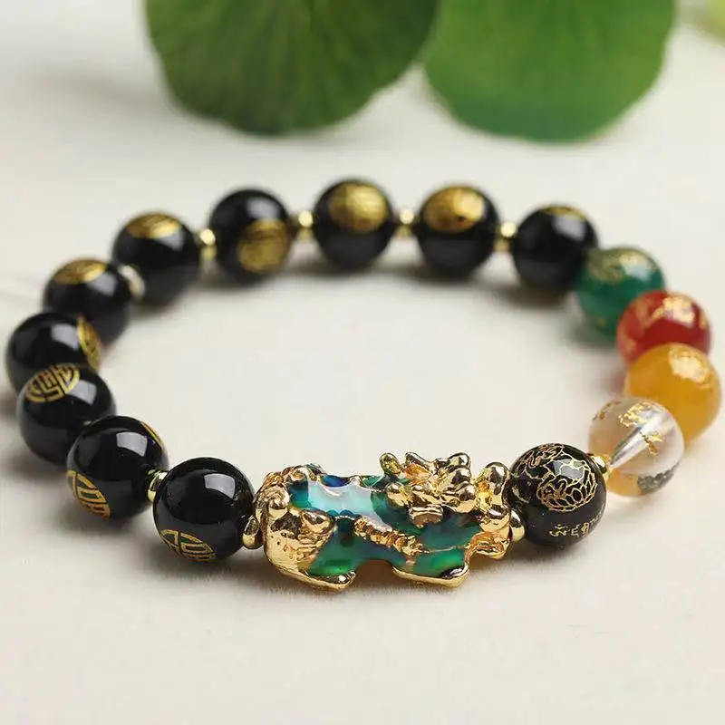 

Feng Shui Bracelet Natural Obsidian Stone Beads Pixiu Color Changing Wristband Bracelet Wealth Good Luck Jewelry Dropshipping