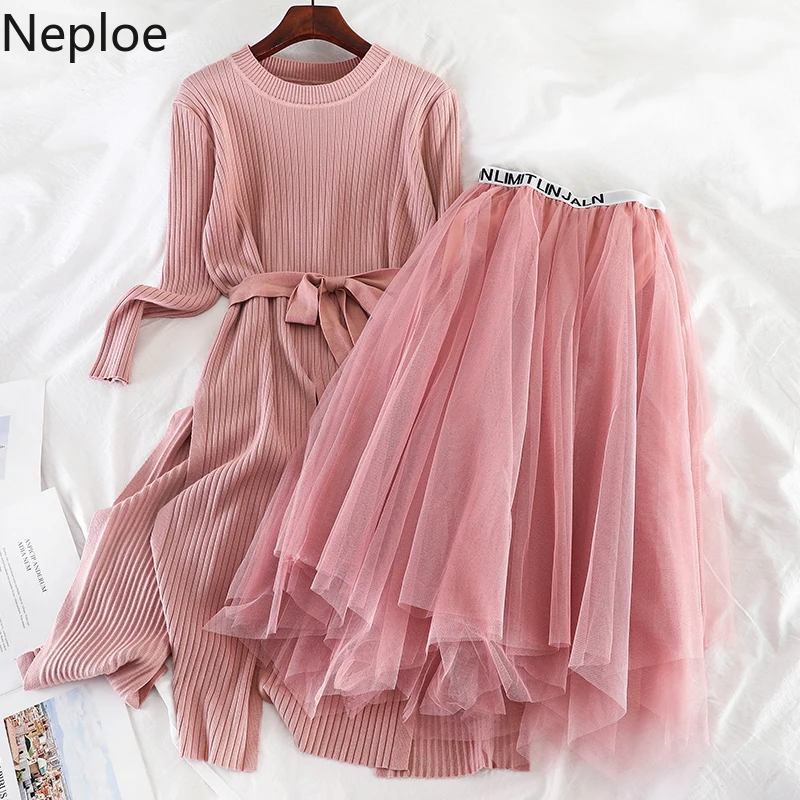 Neploe/простое платье свитер с перекрестным крестиком + кружевная юбка высокой