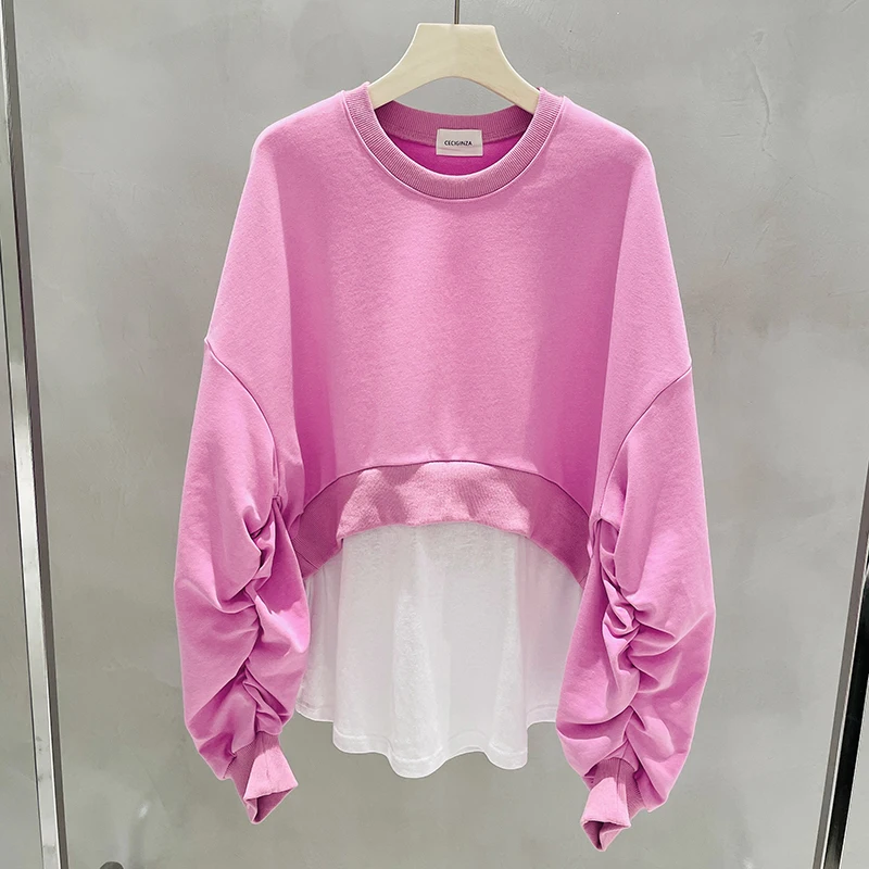 

2021 Spring Autumn New Hoodie Women's Loose Korean-Style Ins Fake Two-Piece Top Round Neck Fashion Design Sweatshirt
