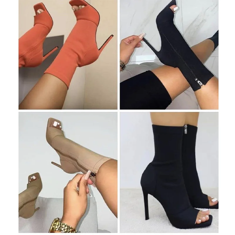

Women Peep Toe Mid Calf Boots Ladies Sexy Super High Heels Women's Square Toe Boots Plus Size 43 Female Zip Punps Woman Shoes