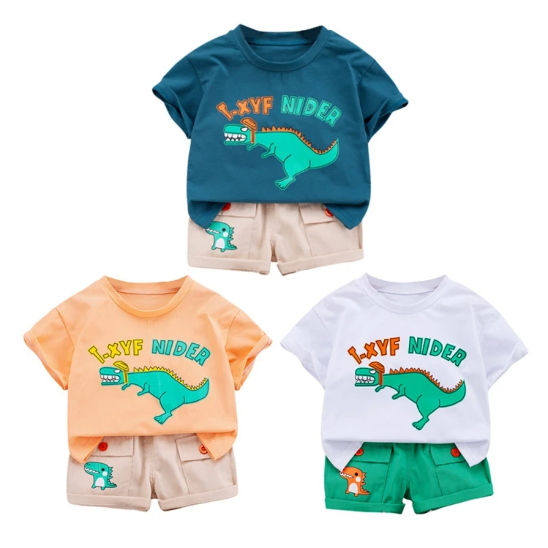 

Летняя одежда для мальчиков, топ с коротким рукавом и принтом мультяшных животных, тираннозавр + повседневные джинсовые шорты, детская одежда, наряды 2021