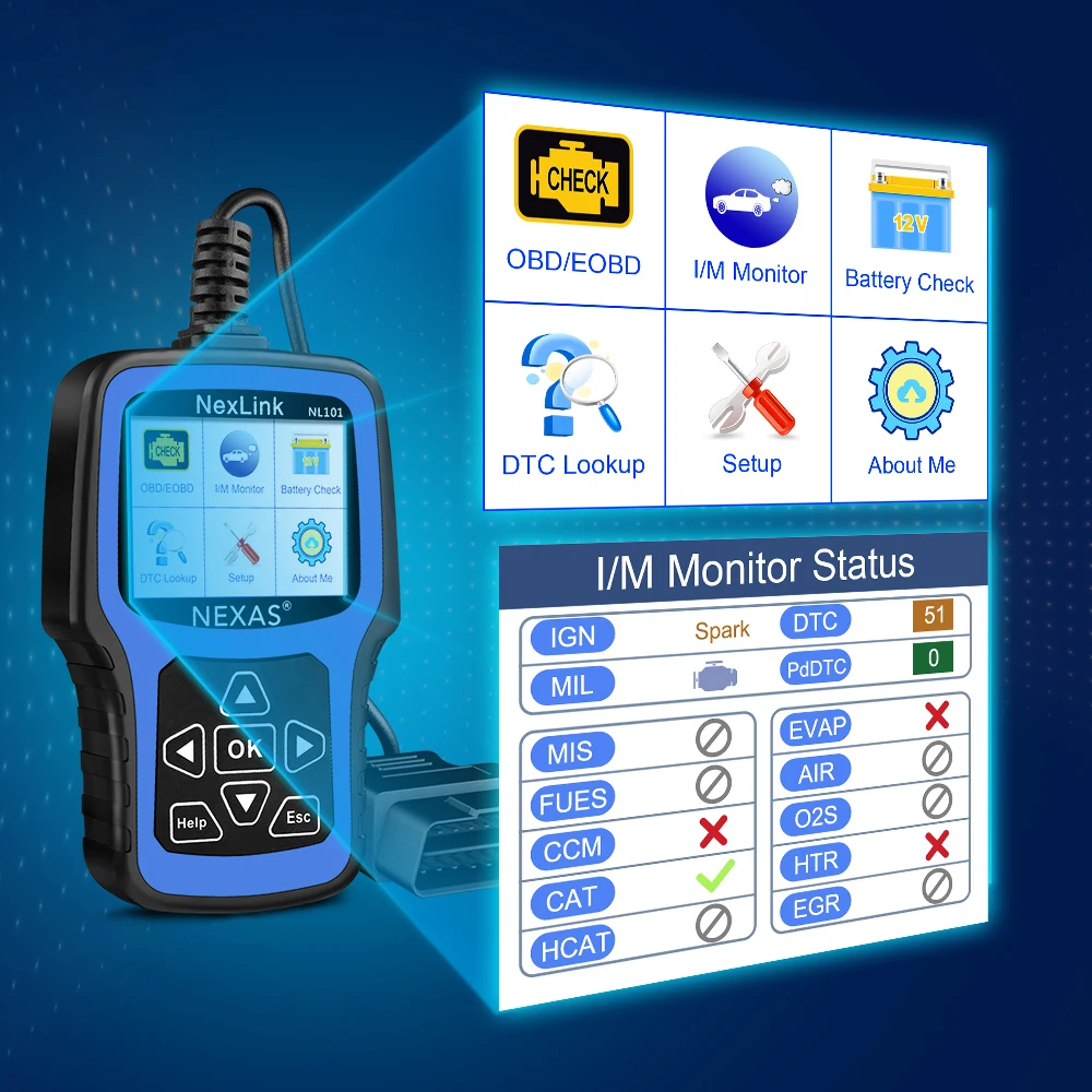 Диагностический сканер NEXAS Nexlink NL101 диагностический прибор OBD2 EOBD CAN с монитором