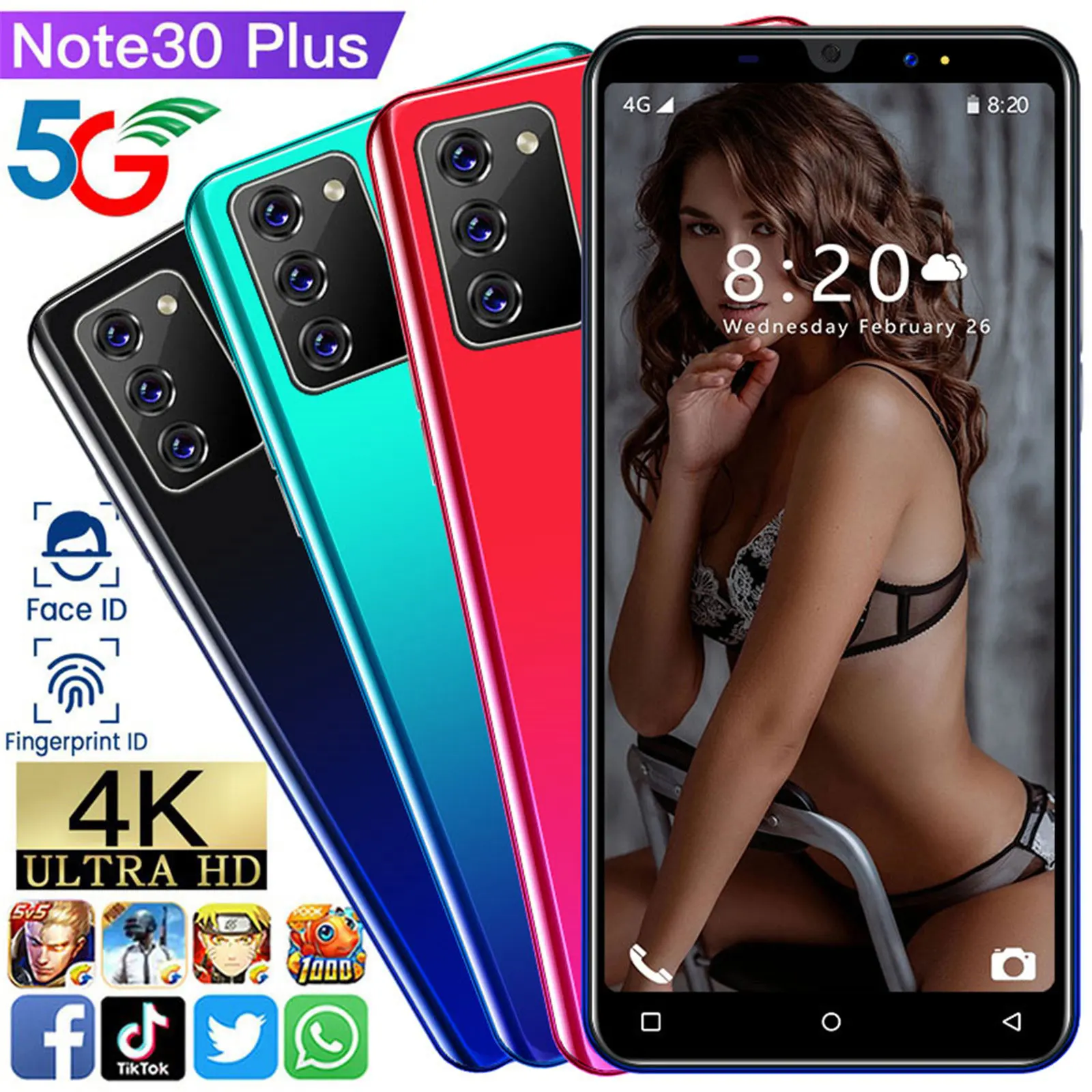 

New Arrival Note30 Plus 5.5 Inch Smartphone 8G+256G Android Full Screen Phone 4800 MAh Battery Face ID Unlock Google Cell Phone