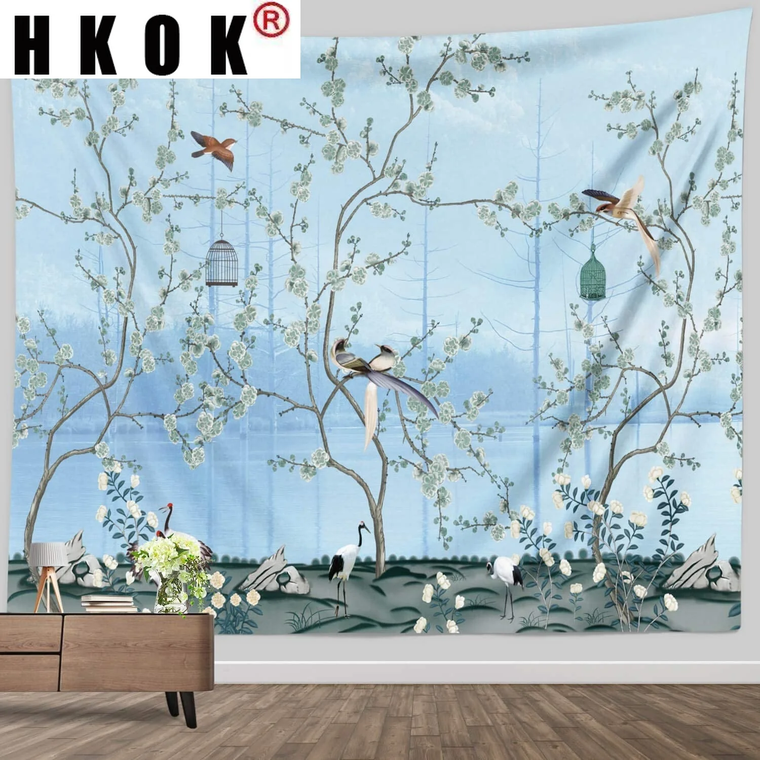 

HKOK Flower Tree Bird Tapestry Wall Rugs Wall Hanging Fabric Mural Background Cloth Towel Beach Fabric Blanket Living Home Decor