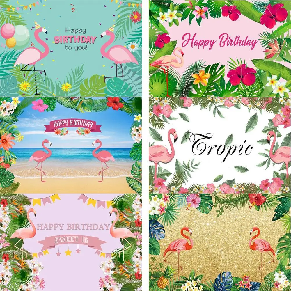 

Фон для детской фотосъемки с изображением фламинго, тропических пальм, дерева, пляжа