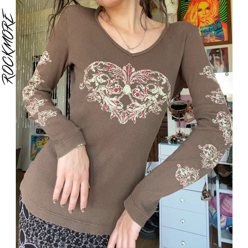 

Rockmore Fairycore Print Long Sleeve T-Shirt Autumn Casual Knit Top Women Harajuku Graphic Tees Shirt Vintage Grunge Clothes