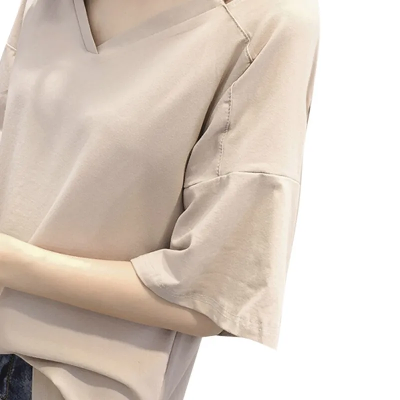 Однотонная летняя футболка женская с v образным вырезом Женская Мягкая коротким