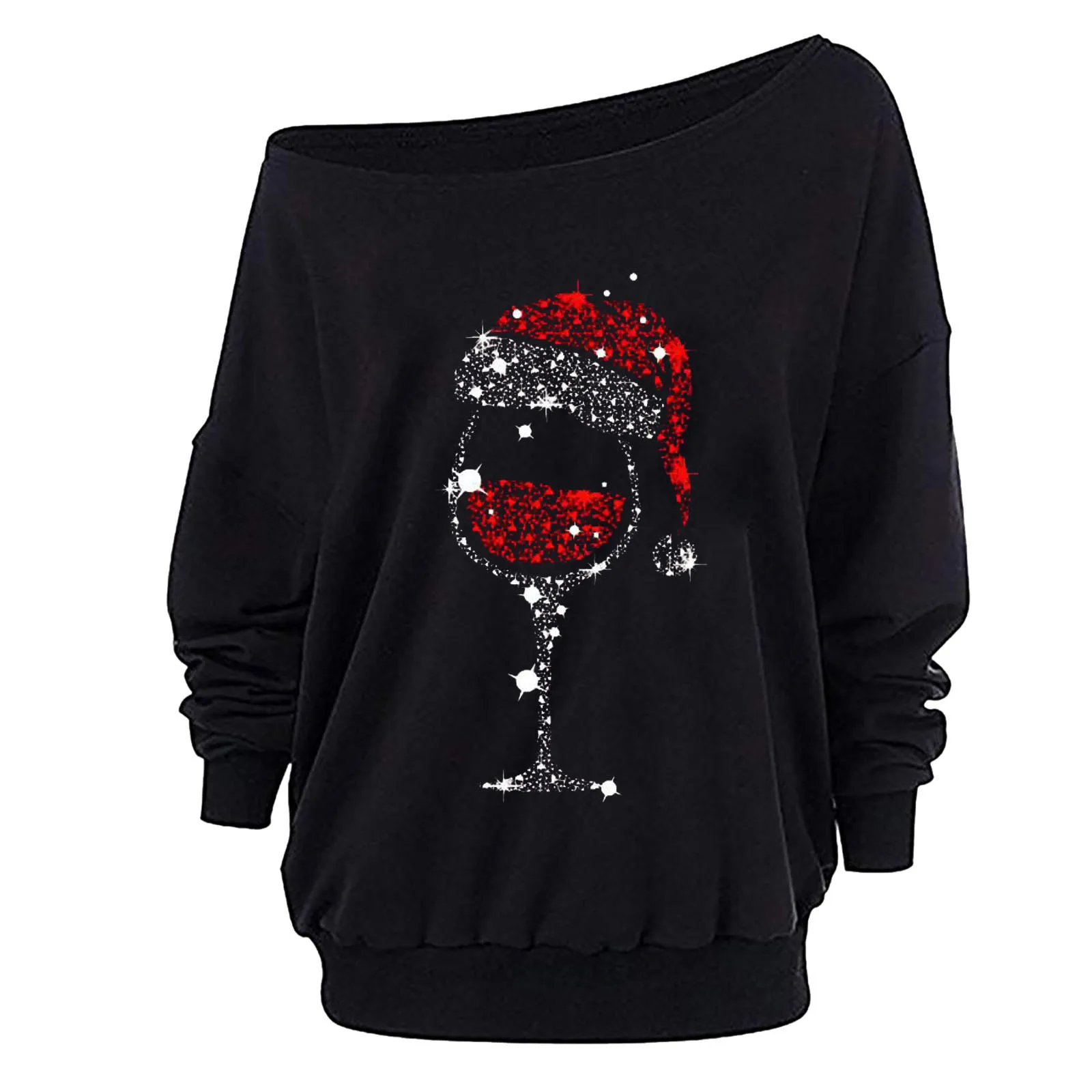 

Women's Oversized Hoodie Wine Glass Cup Print Sweatshirts Casual Skew Collar Christmas Long Sleeve Pullover Top Sweetshirts