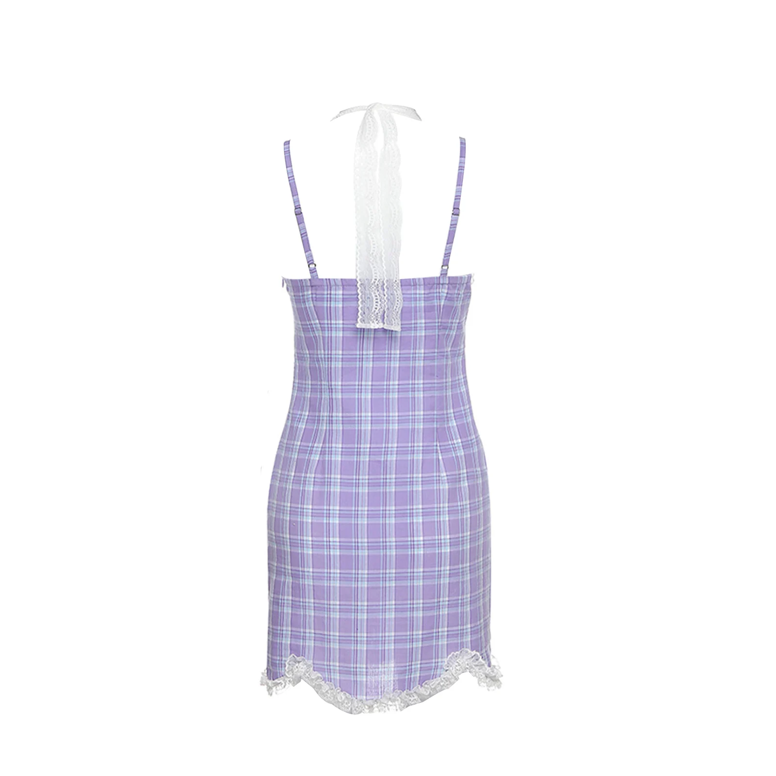 

E-girl Plaid Halter V-neck Lace Hem Mini Dress Y2K Fashion Sweet Spaghetti Strap Backless Summer Dress Streetwear Party