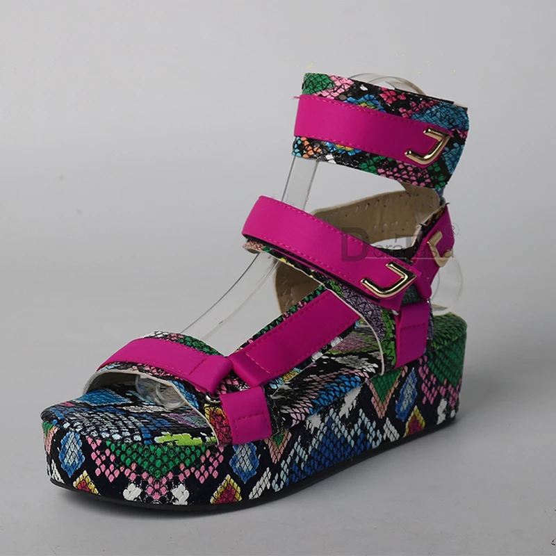 

Big Size 34-44 Luxury Brand Design Ladies Gladiator Snake pattern hook-loop Wedge Platform shoes high heels sandals shoes woman