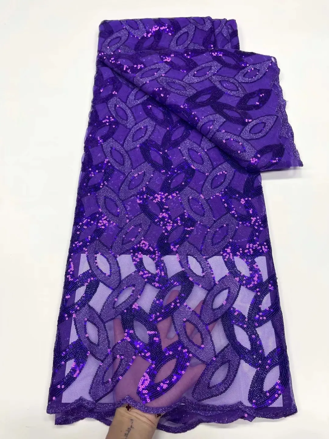 

Purple Luxury African French Sequin Leaf Embroidered Lace Fabric Nigerian Glitter Sequence Lace Fabric For Women Party Dress