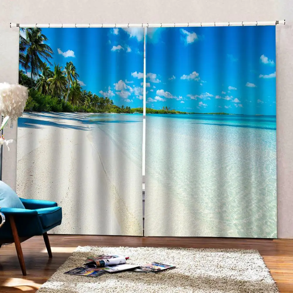 Синие пляжные шторы 3D окна занавески Роскошные в спальню cortina Индивидуальный