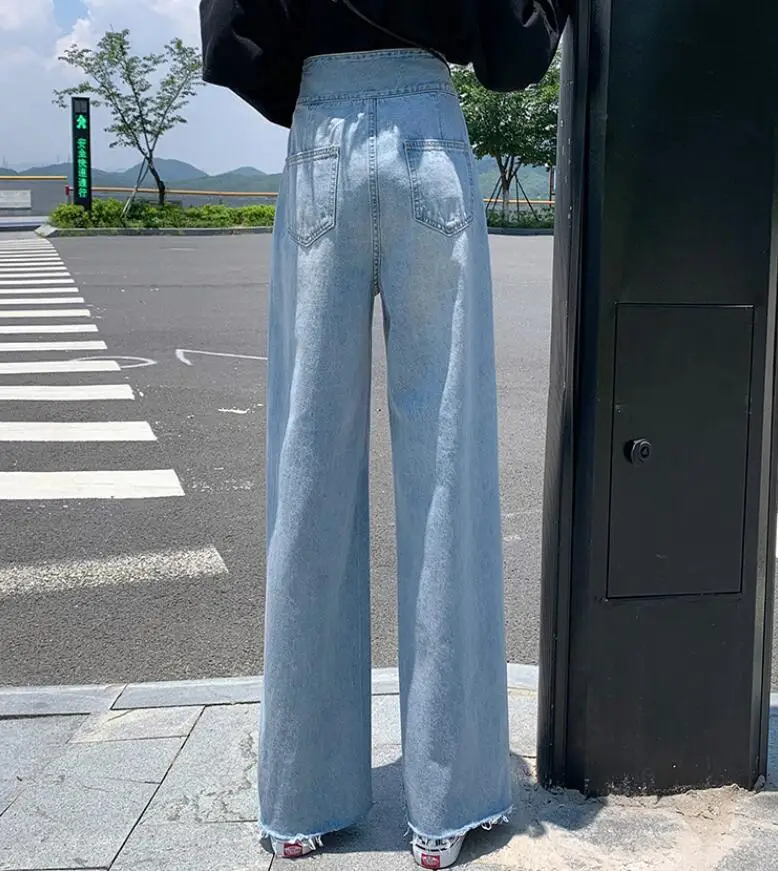 

2020 Autumn new High waist Loose Jeans women Side pocket design Denim Wide leg pants female Denim trousers p1841