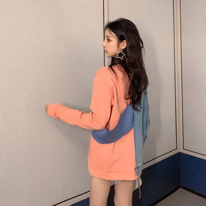 

Denim Patchwork Hoodie Fashion Streetwear Autumn Winter Sweatshirts Women 2020 Pink Hoodies Vintage Clothes