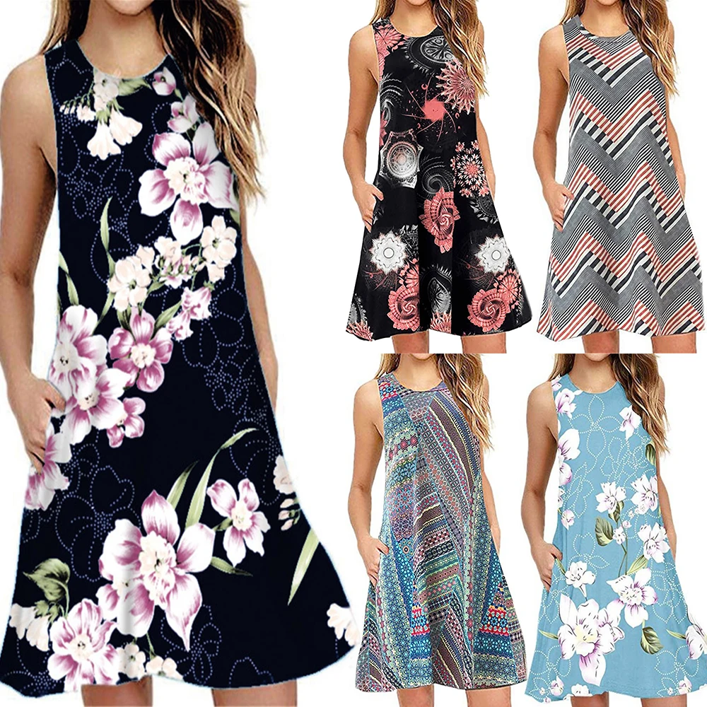 

Women Bohemian Floral Print Vest Dress Female Casual Summer Sleeveless Oversize Loose Dresses Beach Holiday