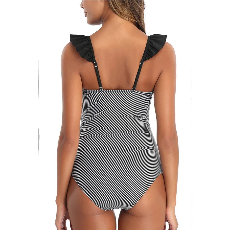

2020 Sexy One Piece Swimsuit Women Push-Up Padded Ruffle Swimwear Monokini Bodysuit Patchwork Striped Bathing Suit Female Bikini