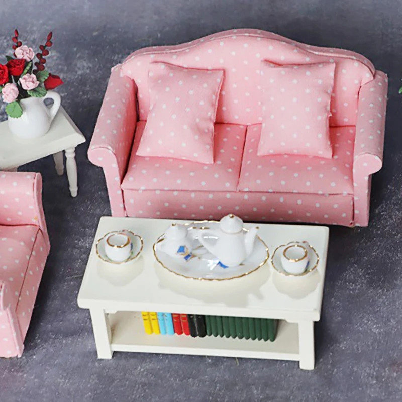 

Mini Dollhouse Sofa, 1/12 Miniature Polka Dot Sofas 3-Piece Sofa Set with 4 Pillows Dollhouse Furniture for Home Bedroom