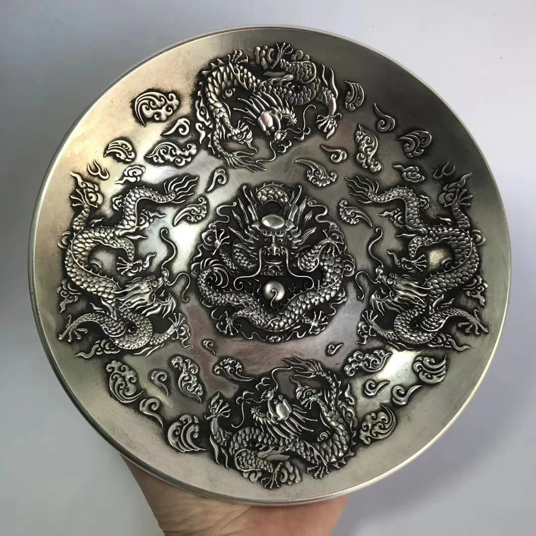 

China Elaboration Tibet Silver Engrave Propitious “ Dragon ” Dish Metal Crafts Home Decoration