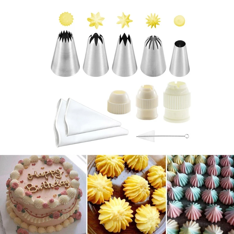 

11pcs Cake Decorating Kits Supplies Numbered Piping Tips Icing Nozzles Pastry Bags Couplers Cleaning Brush Baking Tool
