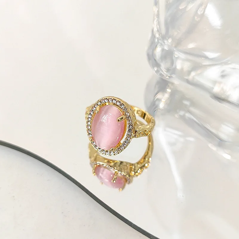 

Fashion Oval Opal Pink Rings For Women Adjustable Golden Finger Jewelry Gift Bague Femme