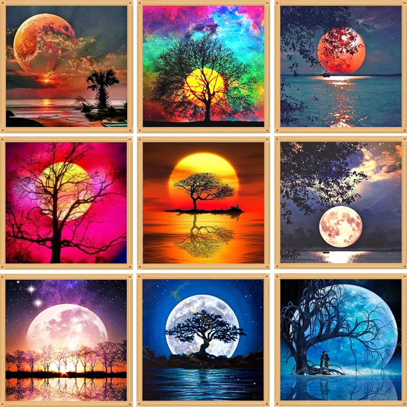 

5D алмазная живопись, пейзаж, «сделай сам», полностью Алмазная мозаика, вышивка луной, деревом, Набор для вышивки крестиком, полное сверление, круглая стразы, пейзаж