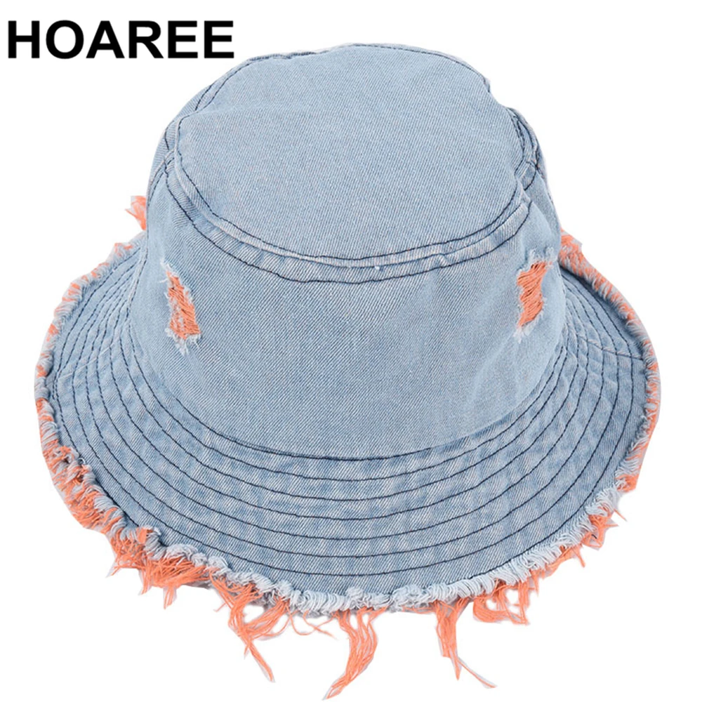 

HOAREE Wide Brim Cotton Sun Protection Caps for Ladies Hole Denim Blue Bucket Hat Womens Summer Casual Fisherman Hat