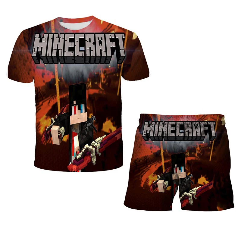 

New My World Children's Clothes Boy's T-Shirt Suit Girl's T-Shirt Suit 3D Cartoon Game Cartoon Clothes Short Sleeves With Pants