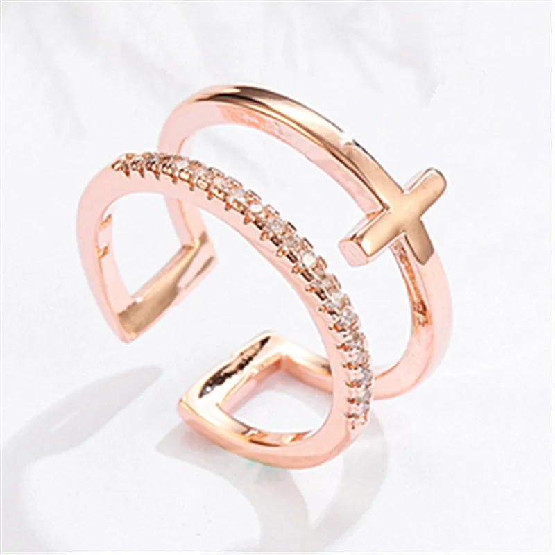 

New Silver Color Ring Classic Delicate Temperament Female Models Cross Inlaid Zircon Opening Hand Jewelry Birthday Gift