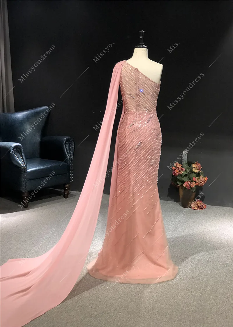 2021 Newest High Quality Luxurious Pink Heavy Beadings Mermaid One Shoulder Sleeveless Floor-Length Prom Party Evening Dresses
