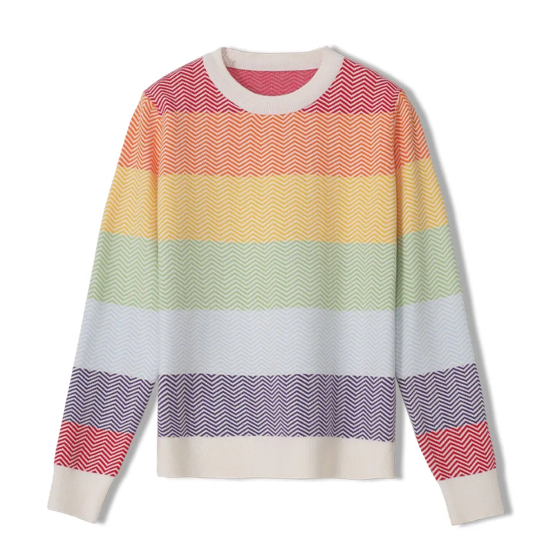 

Женский свободный пуловер Fannic, трикотажный свитер в радужную полоску с круглым вырезом и длинным рукавом, вязаные Джемперы для девушек на о...