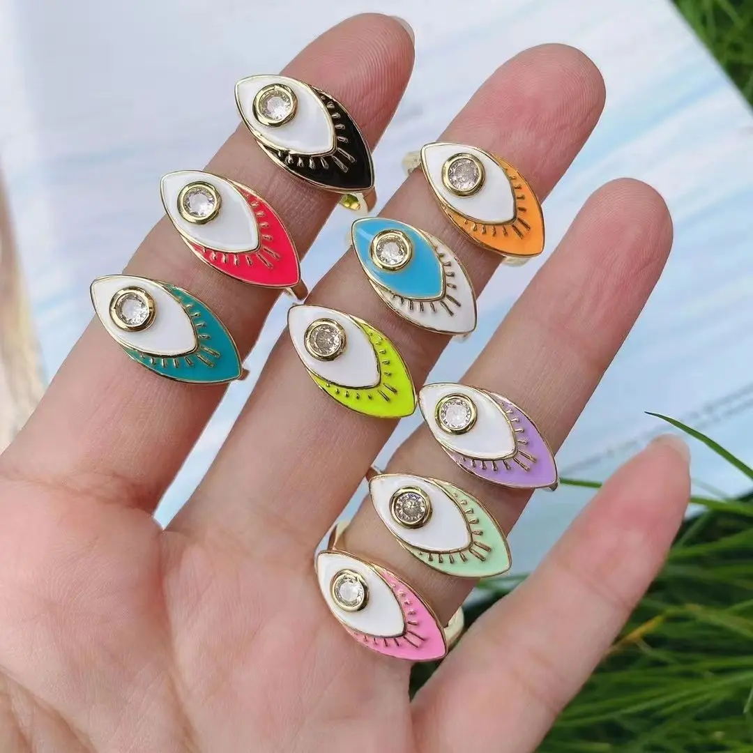 

10Pcs Women Fashion Jewelry Adjustable Rainbow Turkish Eyes Shape Open Ring Micro Pave CZ Eyes Ring For Women Men
