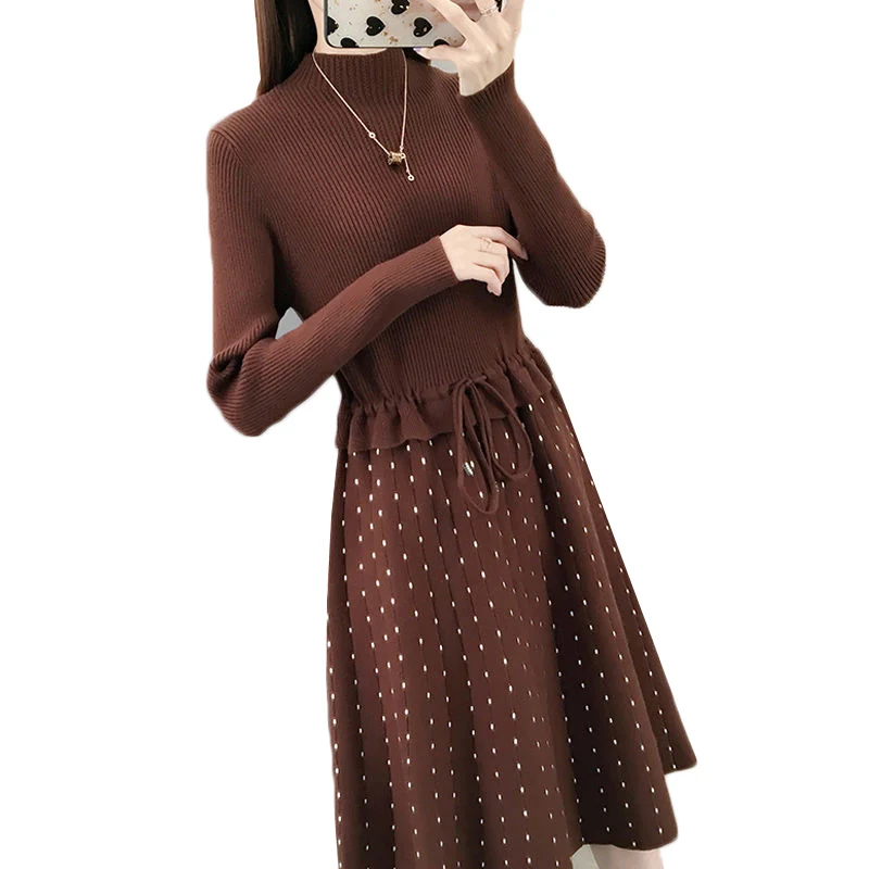 

Autumn Winter Dresses Women New Stitching Fake Two-piece Knitted Dress Slim Half Turtleneck Pullover Pull Sweater Dress Female