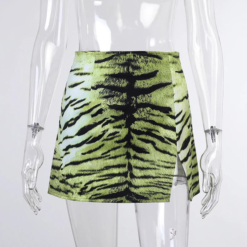 

Aesthetic Tiger Print High Waist A-line Skirt Hem Slit Sexy Women Harajuku Green Skirt Outfits