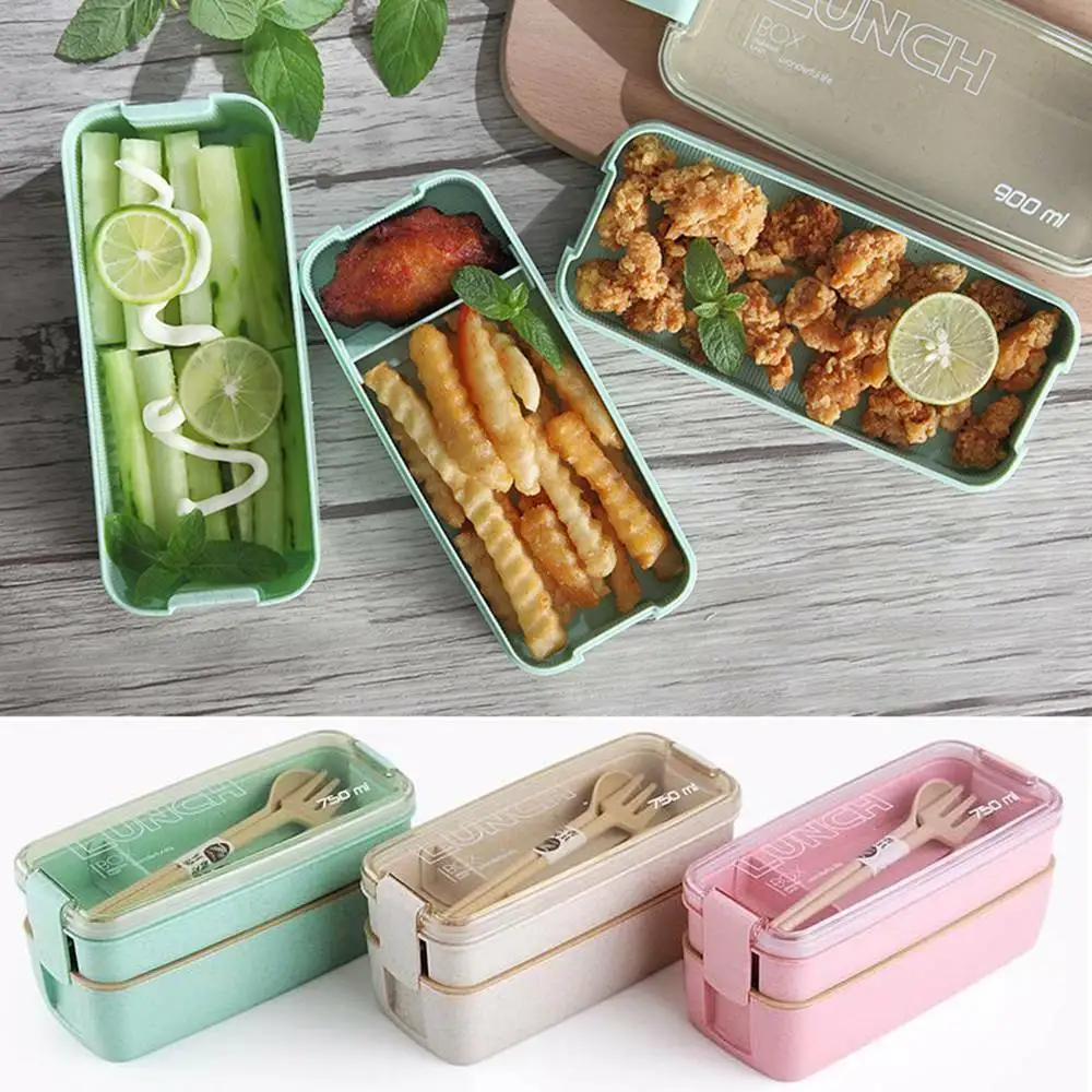 

1Set Portable 3-Layer Bento Box Eco-Friendly Leakproof Lunch Box Food Container with Spoon Fork Microwave Dinnerware 900ml